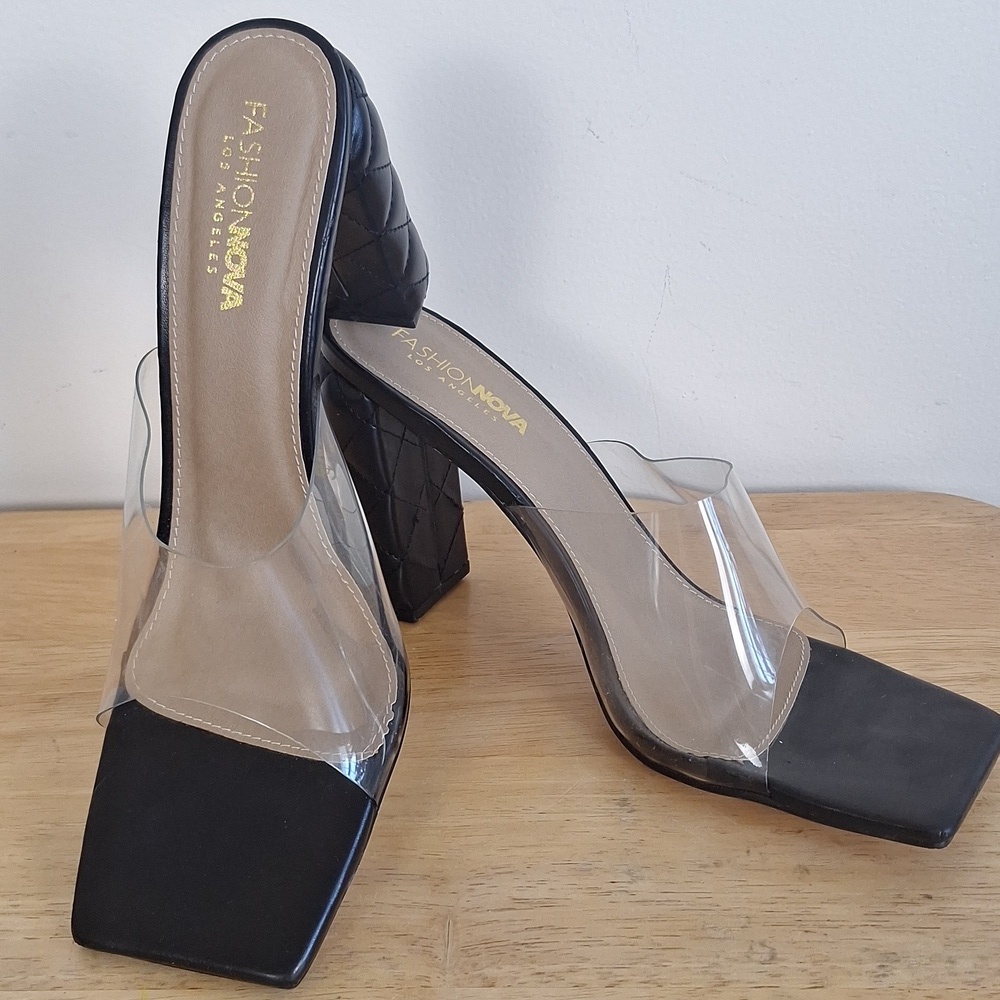 Fashion Nova Black Quilted Block Heel Clear Strap Mules Size 11​